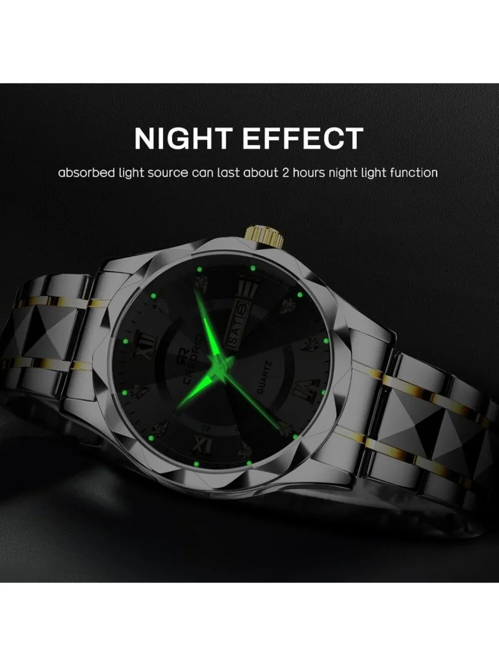 Men Silver Stainless Steel Waterproof Diamond Analog Quartz Luminous Wrist Watch